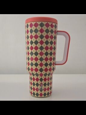 Meoky 40 oz Tumbler w/ Handle, Drink-Through Lid & Straw, Argyle Beige